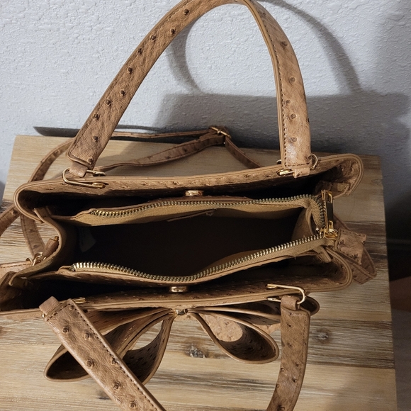 Ostrich Bow Faux Leather 3 Compartment Satchel - Camel - Picture 7 of 13